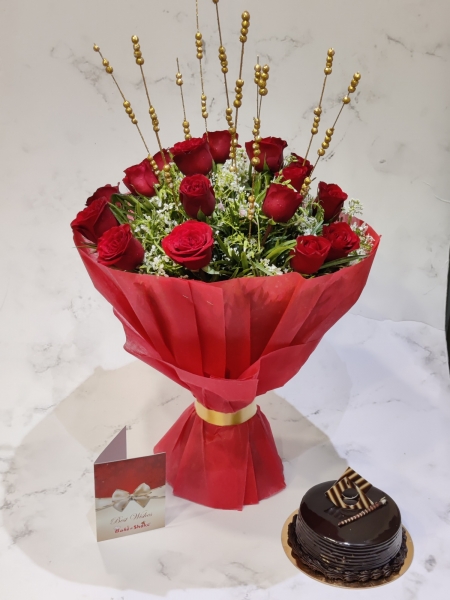 CHOCOLATE TRUFFLE CAKE AND BOUQUET