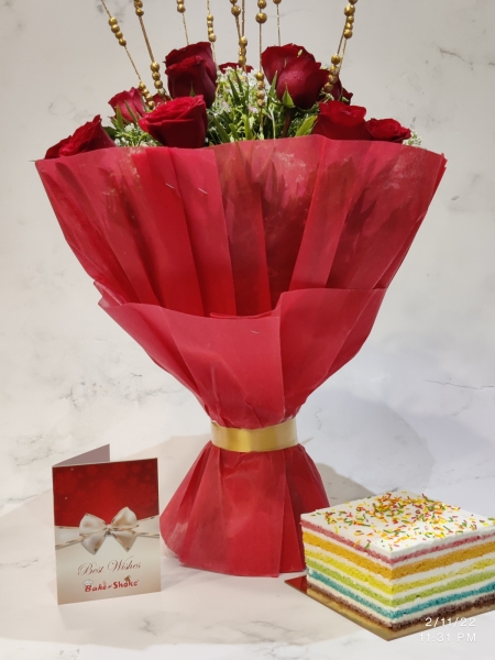 RAINBOW CAKE AND RED ROSES BOUQUET 