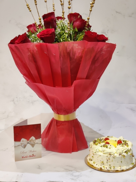 RASMALAI CAKE WITH RED ROSES BOUQUET 